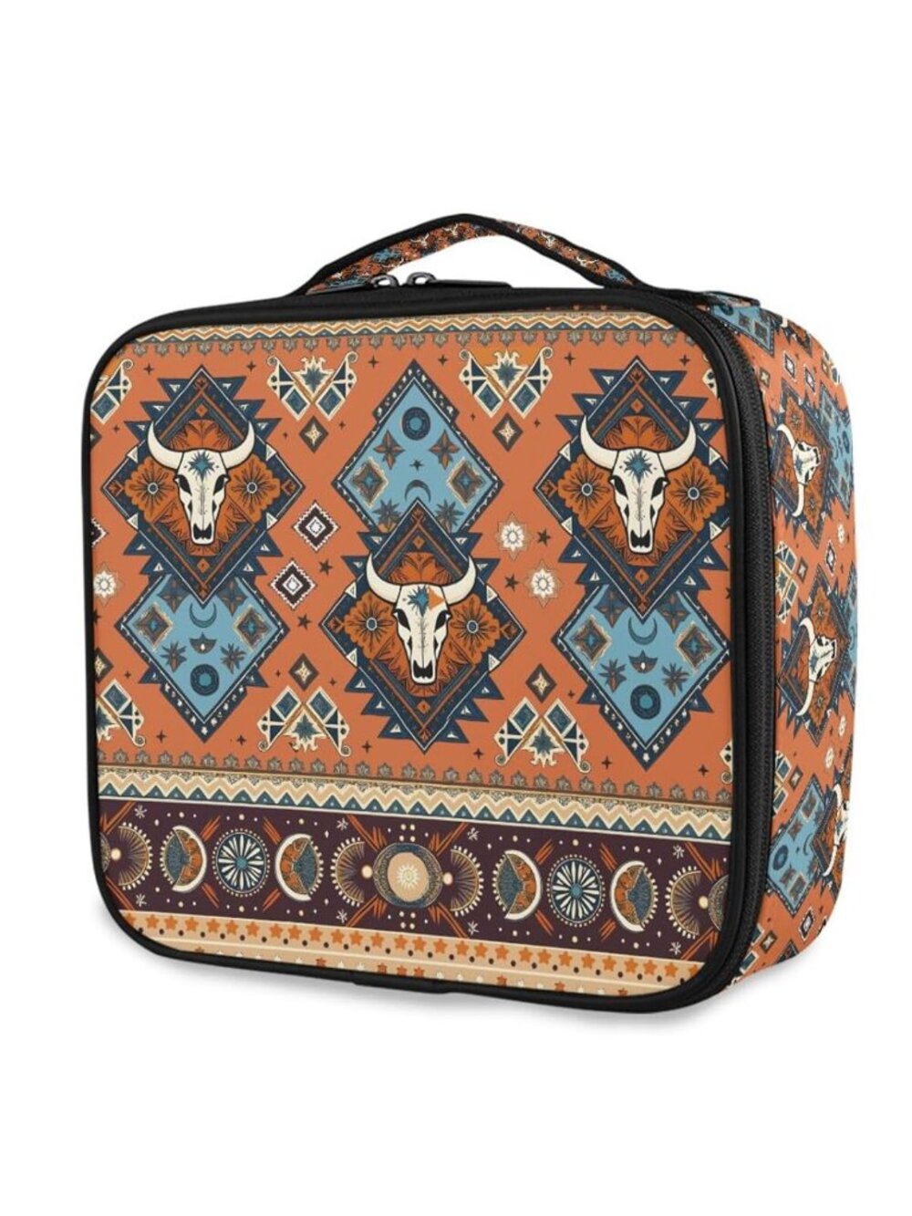 Makeup Case Indian Tribal Aztec Ornament Geometric Pattern with Skulls Cosmetic